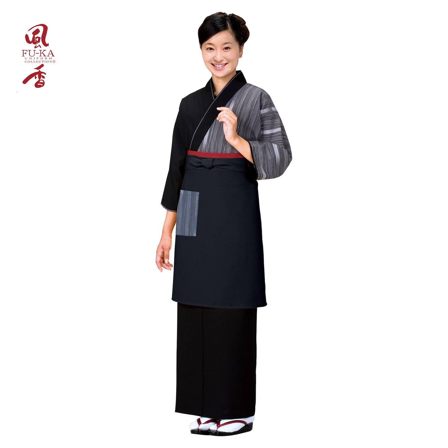 193-50003 ロングエプロン 黒×絣柄・黒(EP-8601)