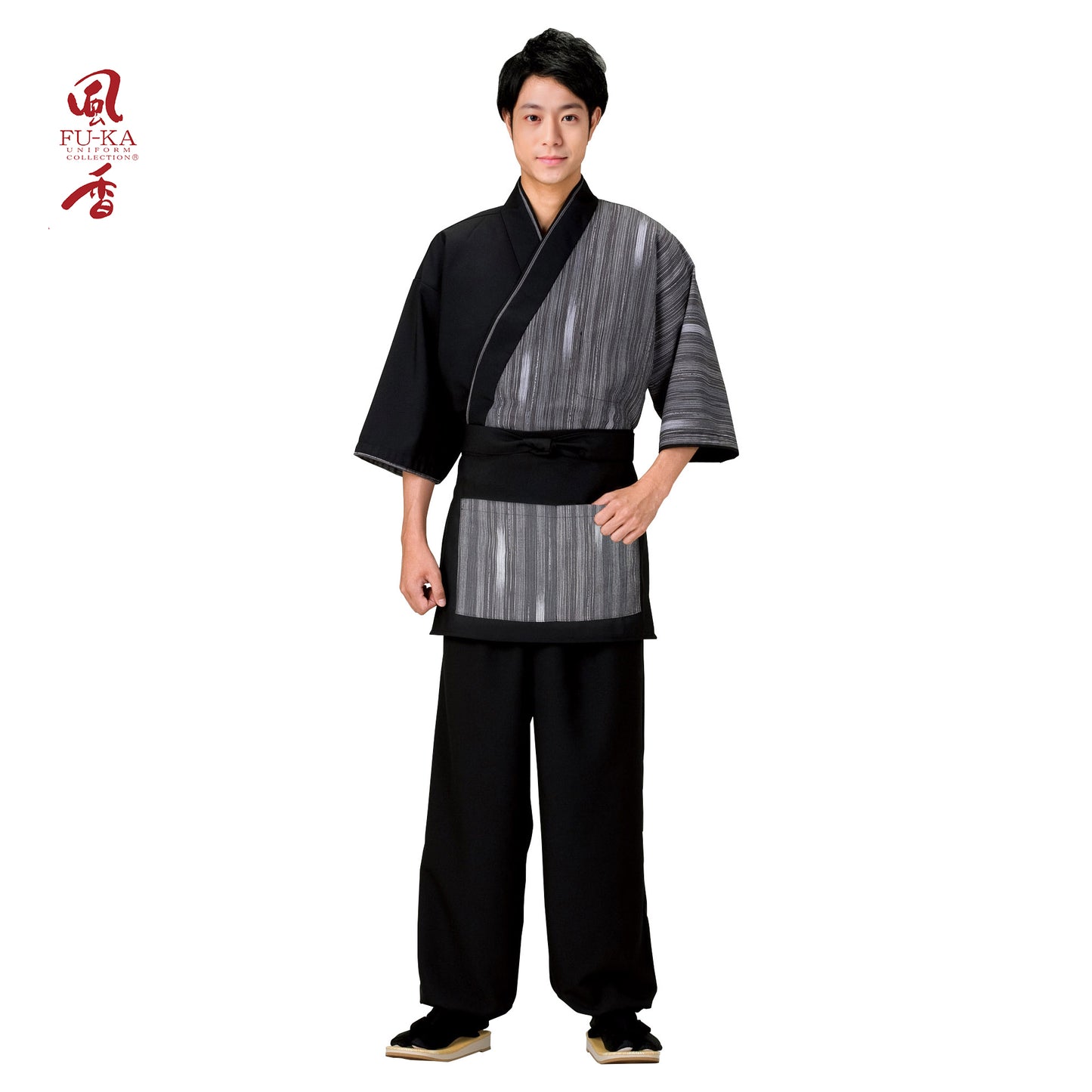 193-50004 ショートエプロン 黒×絣柄・黒(EP-7601)