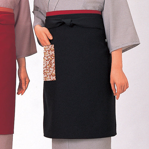 193-50017 ロングエプロン 黒×小桜・エンジ(EP-8602)