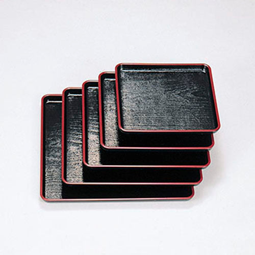 正角木目地盆 黒天朱