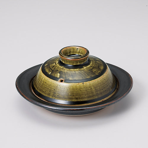 721-10036 茶黒5.5寸アジアン陶板 緑オリベソリ蓋付