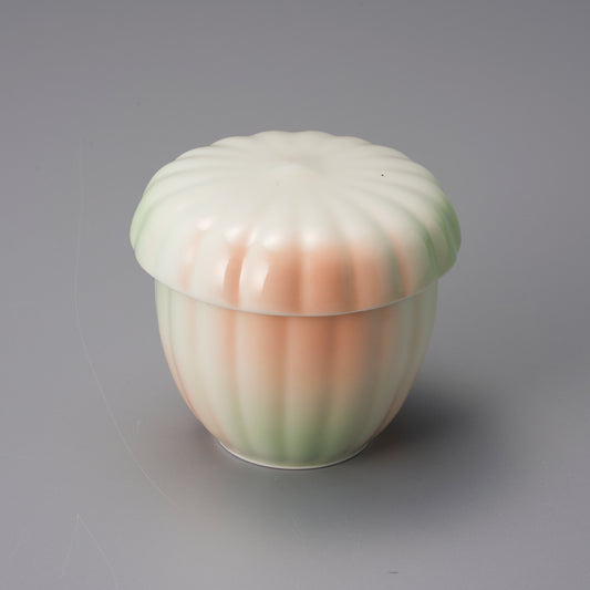 077-90　オレンジグリーン菊型蒸し碗