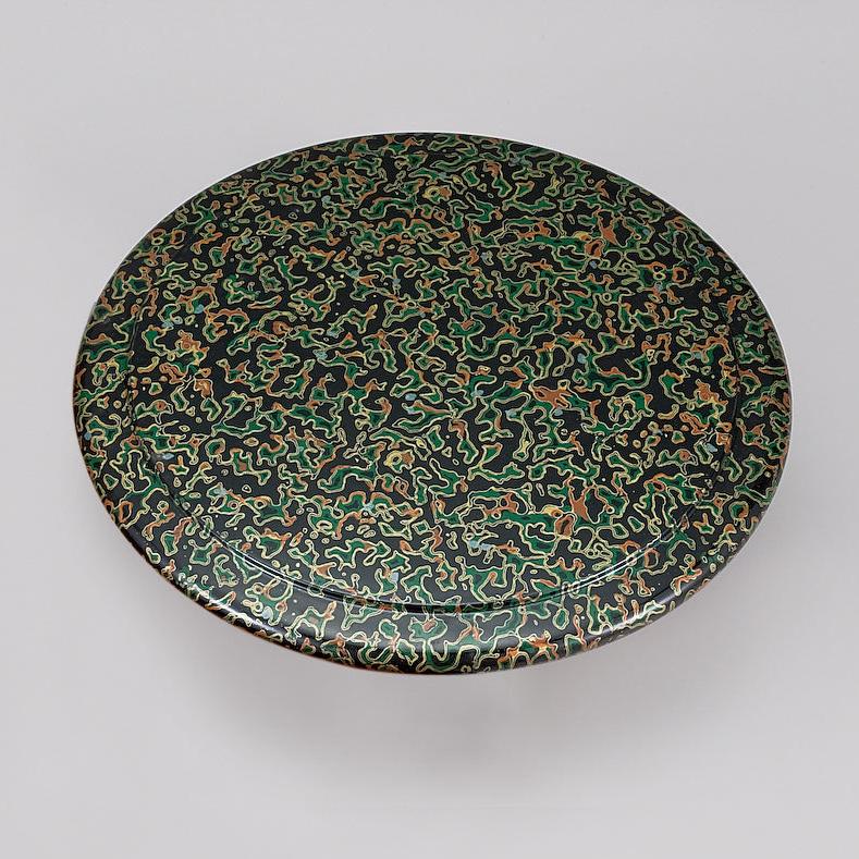 400-20024　7寸丸桶　蓋　 グリーン貝堆朱