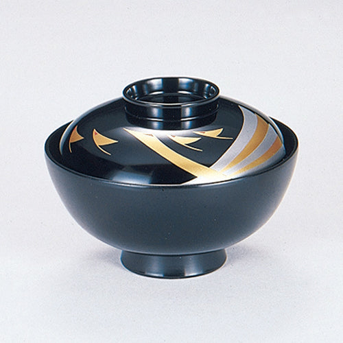 350-15192　4寸千代原椀　黒金銀鶴内黒