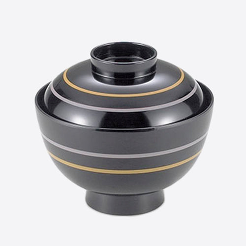 350-17322　3.7寸みやこ椀　黒クリーム、グレー4本線