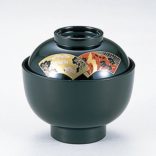 350-20132　丸福椀　総黒網扇面
