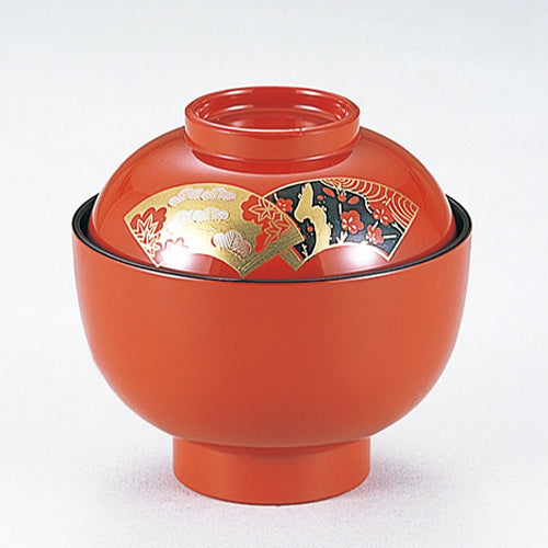 350-20032　丸福椀　朱網扇面内黒