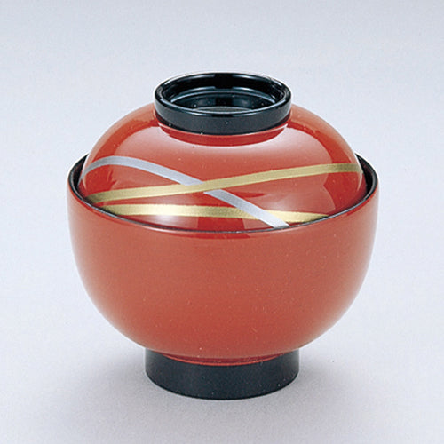 350-20052　丸福椀　朱二色ライン内黒
