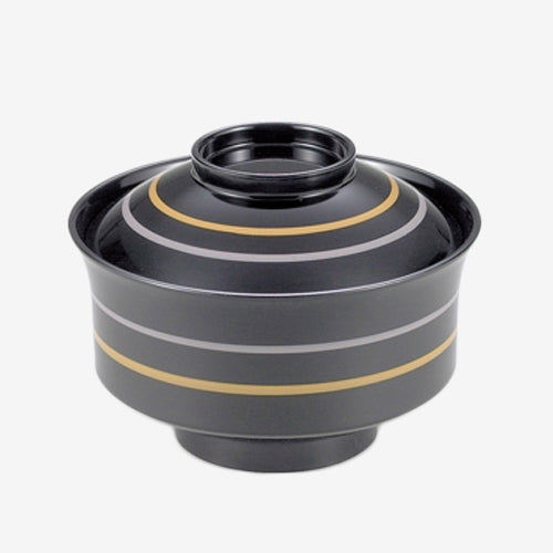 350-22172　万寿椀　黒クリーム、グレー4本線