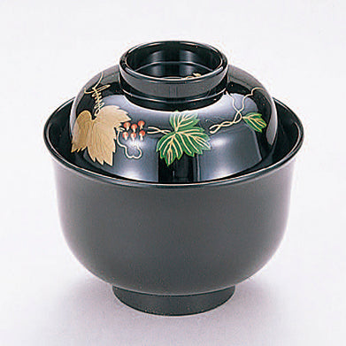 350-40092　弥生椀　総黒緑ツタ
