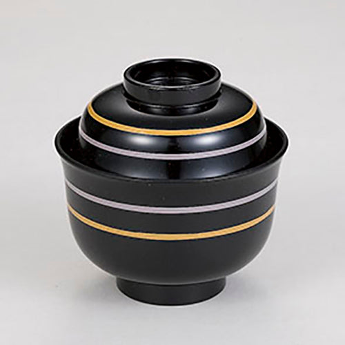 350-40082　弥生椀　黒クリーム　グレー4本線