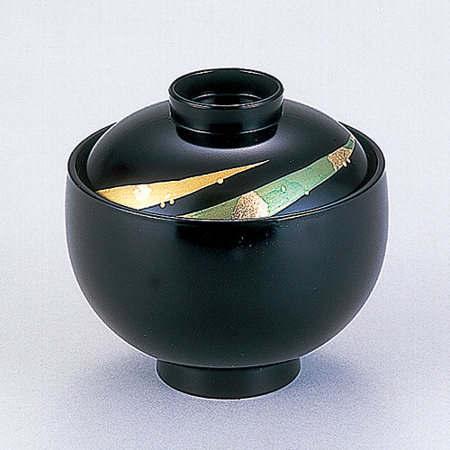 350-42132　浄土椀　総黒、笹絵金箔